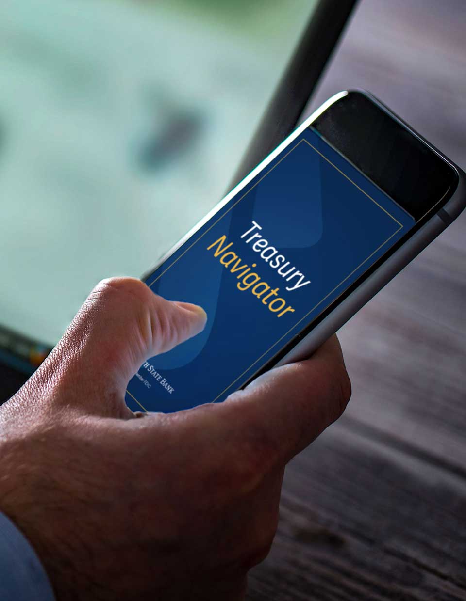 SouthState customer learning about treasury navigator on cell phone.